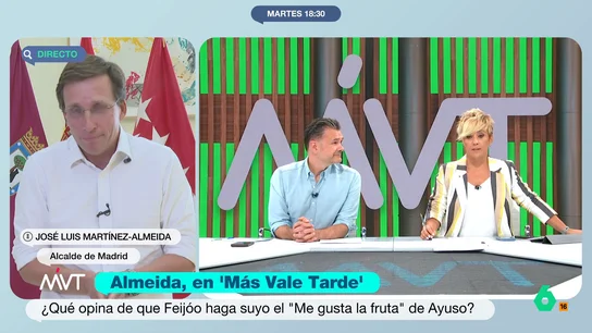 El corte de Cristina Pardo a Almeida: "No les gustan los insultos a su persona, pero se despotorran de los insultos a los demás" En su entrevista con José Luis Martínez-Almeida, Cristina Pardo le pregunta en este vídeo por el polémico 'Me gusta la fruta de Feijóo' y le comenta que, en lo que respecta a los insultos, "parecen tener un doble rasero".