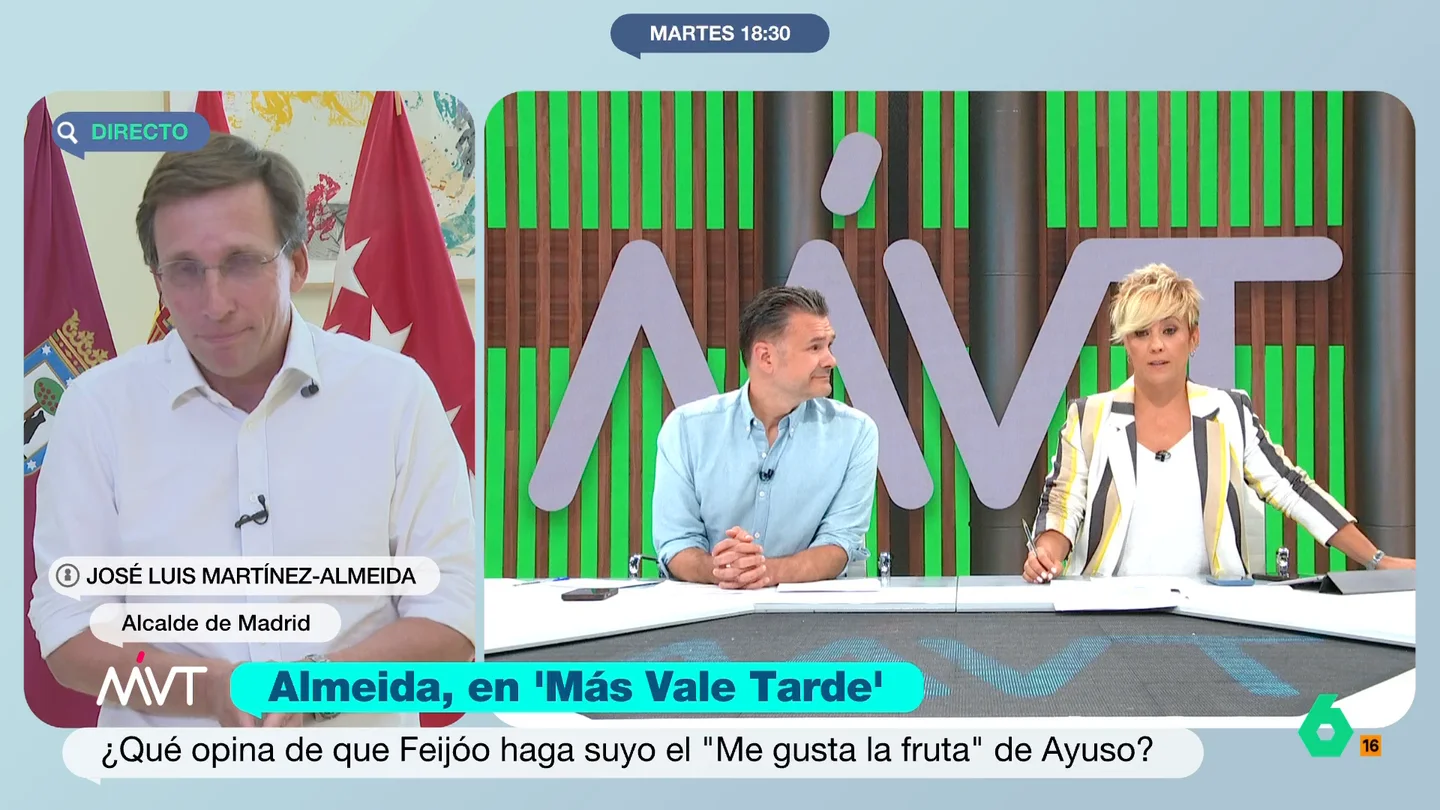 El corte de Cristina Pardo a Almeida: "No les gustan los insultos a su persona, pero se despotorran de los insultos a los demás" En su entrevista con José Luis Martínez-Almeida, Cristina Pardo le pregunta en este vídeo por el polémico 'Me gusta la fruta de Feijóo' y le comenta que, en lo que respecta a los insultos, "parecen tener un doble rasero".