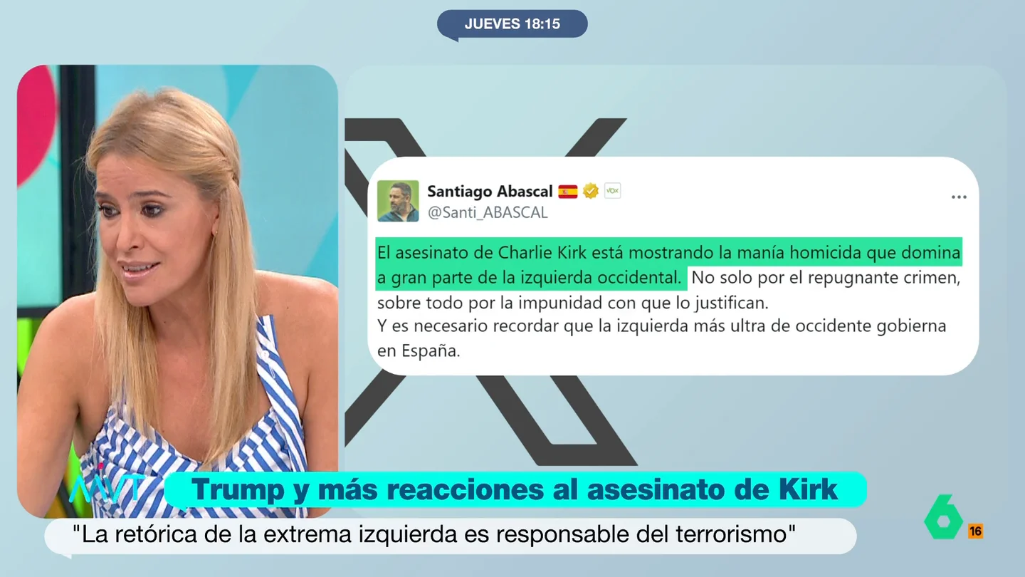 Afra Blanco, a PP y Santiago Abascal por sus tuits sobre el asesinato de Charlie Kirk: "¿Qué están buscando, que nos matemos?" Afra Blanco reflexiona en este vídeo sobre las reacciones de PP y Vox al asesinato de Charlie Kirk, con referencias a la izquierda, y se pregunta si con estos tuits "están pretendiendo generar odio o violencia".