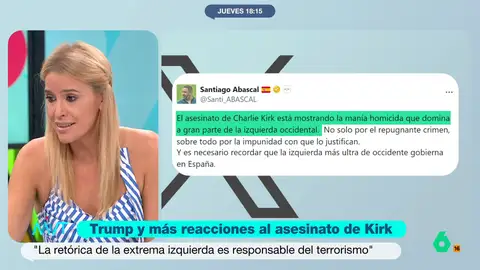 Afra Blanco, a PP y Santiago Abascal por sus tuits sobre el asesinato de Charlie Kirk: "¿Qué están buscando, que nos matemos?" Afra Blanco reflexiona en este vídeo sobre las reacciones de PP y Vox al asesinato de Charlie Kirk, con referencias a la izquierda, y se pregunta si con estos tuits "están pretendiendo generar odio o violencia".