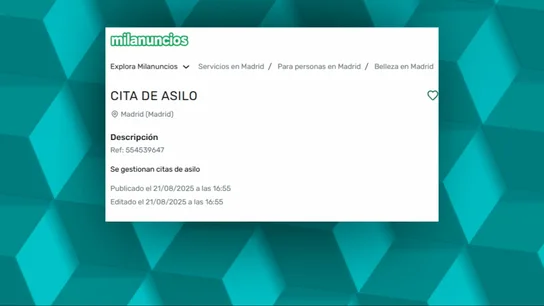 Imagen de un anuncio que ofrece una cita previa para solicitar asilo en Madrid Imagen de un anuncio que ofrece una cita previa para solicitar asilo en Madrid