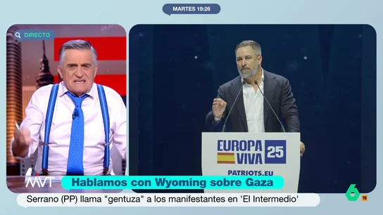Wyoming ve un "caos absoluto" en la política y advierte: "Que PP y Vox entren en la Moncloa es el fin de la democracia" Wyoming reflexiona sobre la crispación política después de que Alfonso Serrano llamara en El Intermedio "gentuza" a los manifestantes propalestina y afirma no saber "qué necesita" el PP para "llamar a las cosas por su nombre" en Gaza.