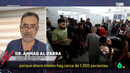 Ahmad Al-Farra, pediatra del Hospital Nasser de Gaza: "Evacuar significaría firmar la sentencia de muerte de los pacientes" El director de pediatría del hospital gazatí manifiesta que el centro está completamente saturado. Actualmente hay 1.300 pacientes y la falta de espacio supone que haya personas hacinadas en cualquier lugar del hospital.
