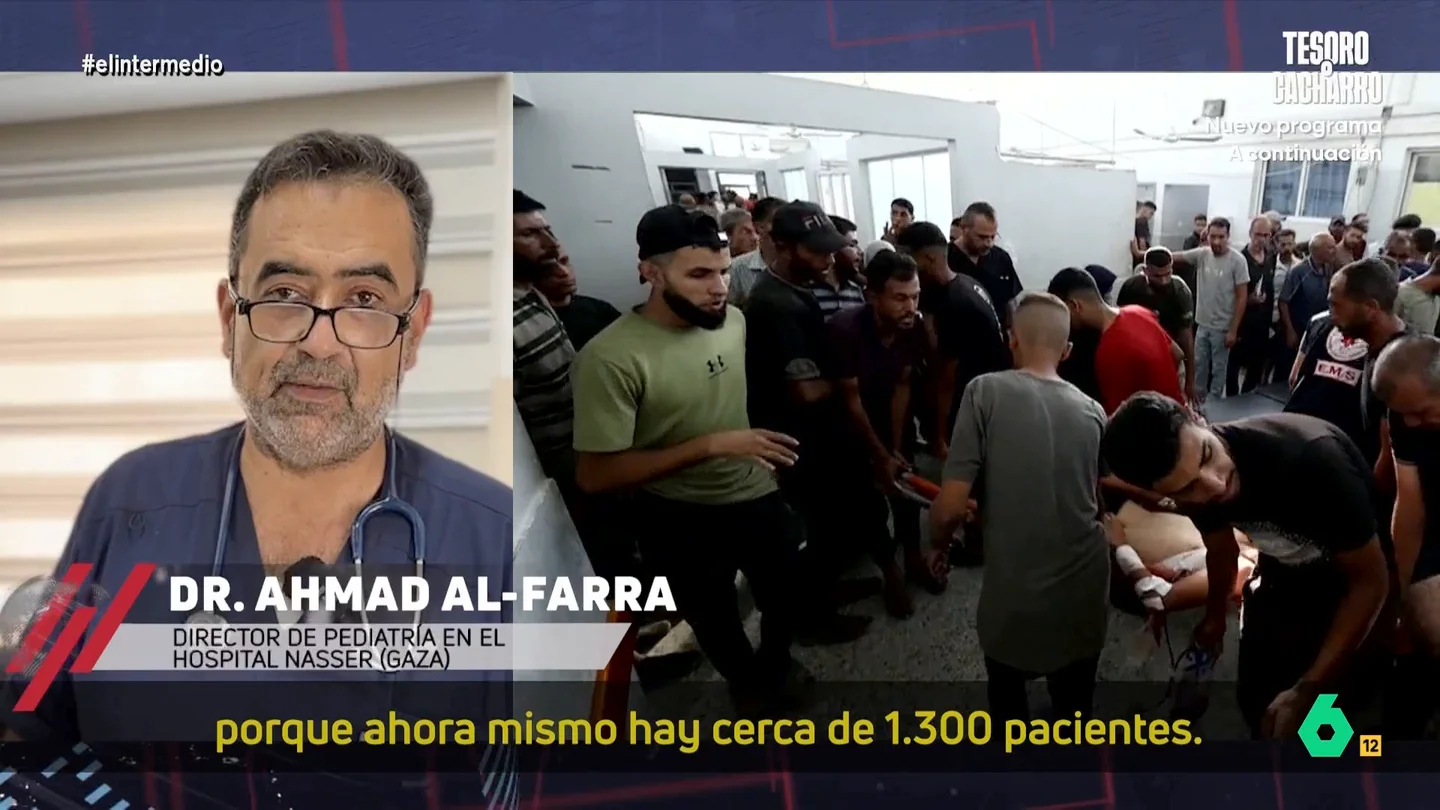 Ahmad Al-Farra, pediatra del Hospital Nasser de Gaza: "Evacuar significaría firmar la sentencia de muerte de los pacientes" El director de pediatría del hospital gazatí manifiesta que el centro está completamente saturado. Actualmente hay 1.300 pacientes y la falta de espacio supone que haya personas hacinadas en cualquier lugar del hospital.