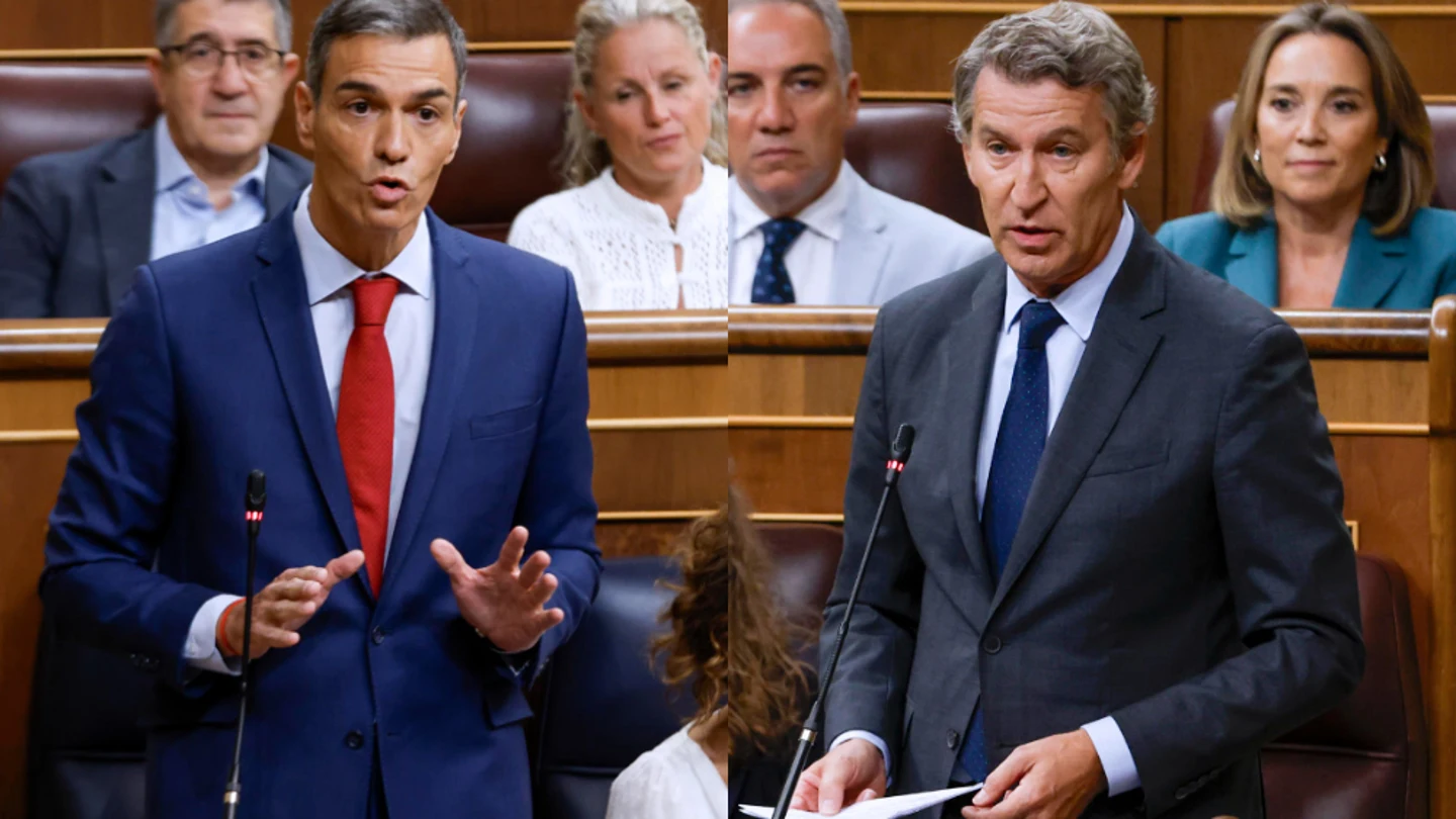 El presidente del Gobierno, Pedro Sánchez, y el líder del Partido Popular (PP), Alberto Núñez Feijóo, este miércoles en el Congreso de los DIputados. El presidente del Gobierno, Pedro Sánchez, y el líder del Partido Popular (PP), Alberto Núñez Feijóo, este miércoles en el Congreso de los DIputados.