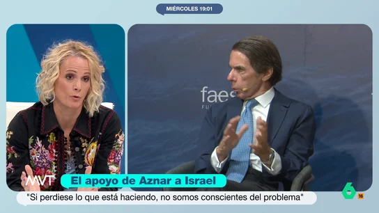 Zaida Cantera, tras las palabras de Aznar sobre Gaza: "Demuestra que es un poco ignorante, se olvida de los inicios de Hamás" La analista señala que en Cisjordania no gobierna Hamás sino "la Autoridad Nacional Palestina". Además, recuerda que Hamás nació impulsado por el dinero de EEUU y de Israel "para dividir al pueblo palestino".