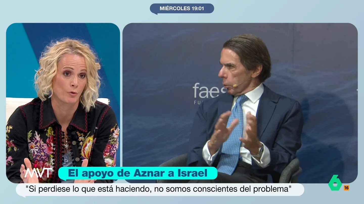 Zaida Cantera, tras las palabras de Aznar sobre Gaza: "Demuestra que es un poco ignorante, se olvida de los inicios de Hamás" La analista señala que en Cisjordania no gobierna Hamás sino "la Autoridad Nacional Palestina". Además, recuerda que Hamás nació impulsado por el dinero de EEUU y de Israel "para dividir al pueblo palestino".