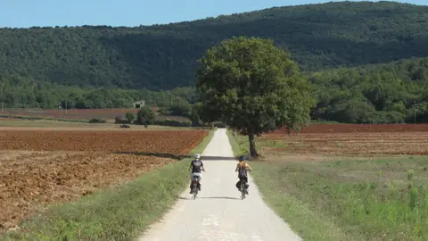 Cicloturistas en la Via Francigena a su paso por la Toscana Cicloturistas en la Via Francigena a su paso por la Toscana
