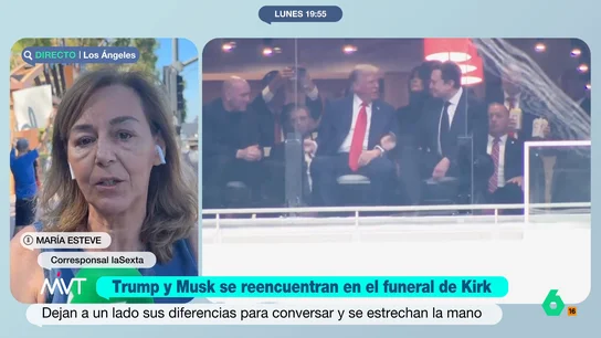 María Estévez explica en qué momento está la relación de Musk y Trump: "Lo hicieron de cara a la galería" María Estévez explica en este vídeo la intrahistoria del reencuentro de Elon Musk y Donald Trump en el funeral de Charlie Kirk y descarta la posibilidad de una reconciliación entre los magnates: "Trump no perdona a sus oponentes".