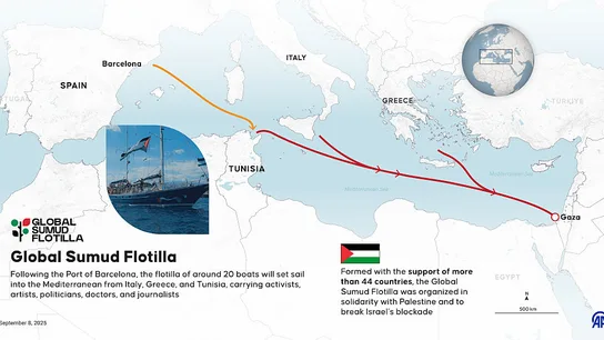 Mapa del recorrido de la Global Sumud Flotilla desde Barcelona hasta su destino en Gaza. Mapa del recorrido de la Global Sumud Flotilla desde Barcelona hasta su destino en Gaza.