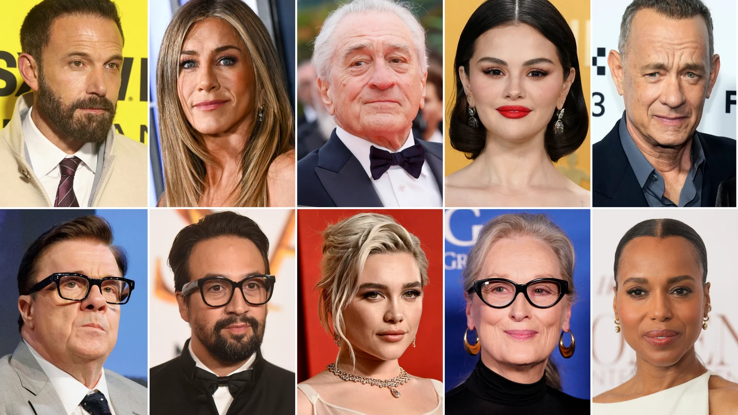 Ben Affleck, Jennifer Aniston, Robert De Niro, Selena Gomez, Tom Hanks, Nathan Lane, Lin-Manuel Miranda, Florence Pugh, Meryl Streep y Kerry Washington Ben Affleck, Jennifer Aniston, Robert De Niro, Selena Gomez, Tom Hanks, Nathan Lane, Lin-Manuel Miranda, Florence Pugh, Meryl Streep y Kerry Washington