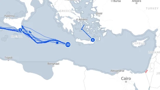 Mapa de navegación de la Global Sumud Flotilla en la mañana del 23 de septiembre. Mapa de navegación de la Global Sumud Flotilla en la mañana del 23 de septiembre.