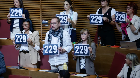 Diputados de la oposición muestran carteles con el número de fallecidos en la dana durante el Debate parlamentario de Política General o sobre el estado de la Comunitat Valenciana, el primero después de la tragedia en la que murieron 229 personas. Diputados de la oposición muestran carteles con el número de fallecidos en la dana durante el Debate parlamentario de Política General o sobre el estado de la Comunitat Valenciana, el primero después de la tragedia en la que murieron 229 personas.