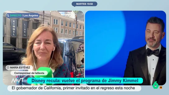 María Estévez desvela el primer invitado de Kimmel en su regreso: "Que lleve a Gavin Newsom es una declaración de intenciones" El late night vuelve este martes y lo hace con el gobernador de California, demócrata y, además, "enemigo declarado de Trump". Dos canales locales, de perfil conservador, han decidido no emitir el programa de Kimmel.
