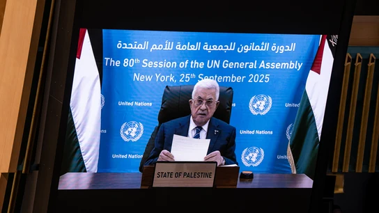 Mahmud Abás comparece por videollamada ante la ONU. Mahmud Abás comparece por videollamada ante la ONU.