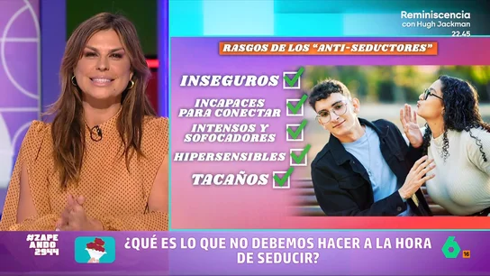 Raquel Perera desvela qué no debemos hacer nunca a la hora de seducir: de sentirse inseguros a ser tacaños Raquel Perera habla de la seducción y, en este vídeo, propone a los zapeadores descubrir cuáles son esas cosas que hacen a la hora de seducir, pero que deberían evitar si quieren que la cosa llegue a buen puerto.