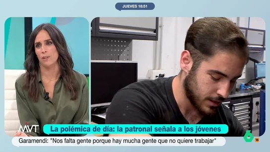 Pilar Velasco: "Los jóvenes son mano de obra barata y es el empresario quien decide cuándo dejan de aprender, casi siempre tarde" Pilar Velasco reacciona en este vídeo a las palabras de Antonio Garamendi, que hoy aseguraba que los jóvenes quieren ser como Nadal, pero trabajando pocas horas: "No piden sueldazos, sino que no se les contrate por debajo del SMI".