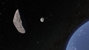 Ilustración del asteroide 2024 YR4 junto a la Luna y la Tierra