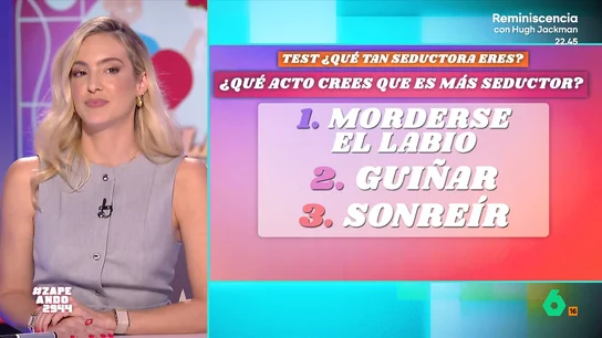 El test de Raquel Perera a Isabel Forner para saber si es buena seductora: "¿Cómo sueles ligar al chico que te gusta?" ¿Cómo es la mirada de Isabel Forner? ¿Qué acto cree que es más seductor? ¿Qué es lo más importante para gustarle a alguien? En este vídeo, la zapeadora responde a las preguntas de Raquel Perera para saber si se le da bien seducir.