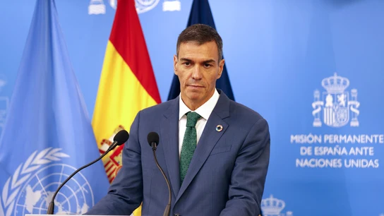 El presidente del Gobierno, Pedro Sánchez, durante la rueda de prensa ante la ONU, este miércoles El presidente del Gobierno, Pedro Sánchez, durante la rueda de prensa ante la ONU, este miércoles