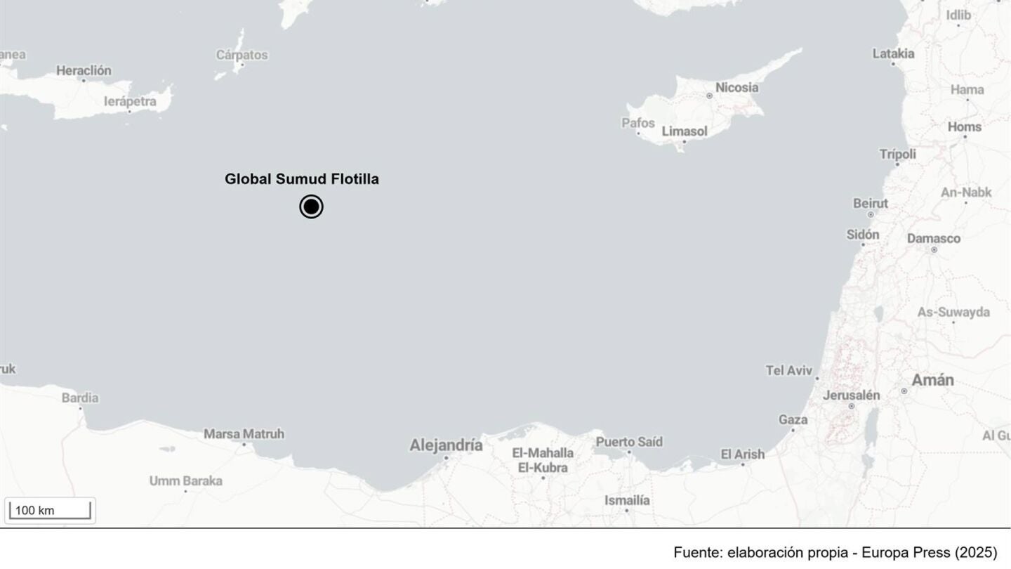 Los 44 barcos de la Global Sumud Flotilla están ya a 366 millas náuticas de Gaza