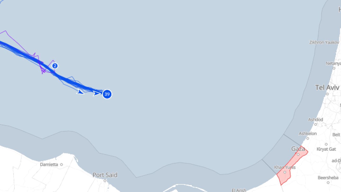 Mapa con la ubicación de la Flotilla Sumud a las 12:30 horas del 1 de octubre de 2025.