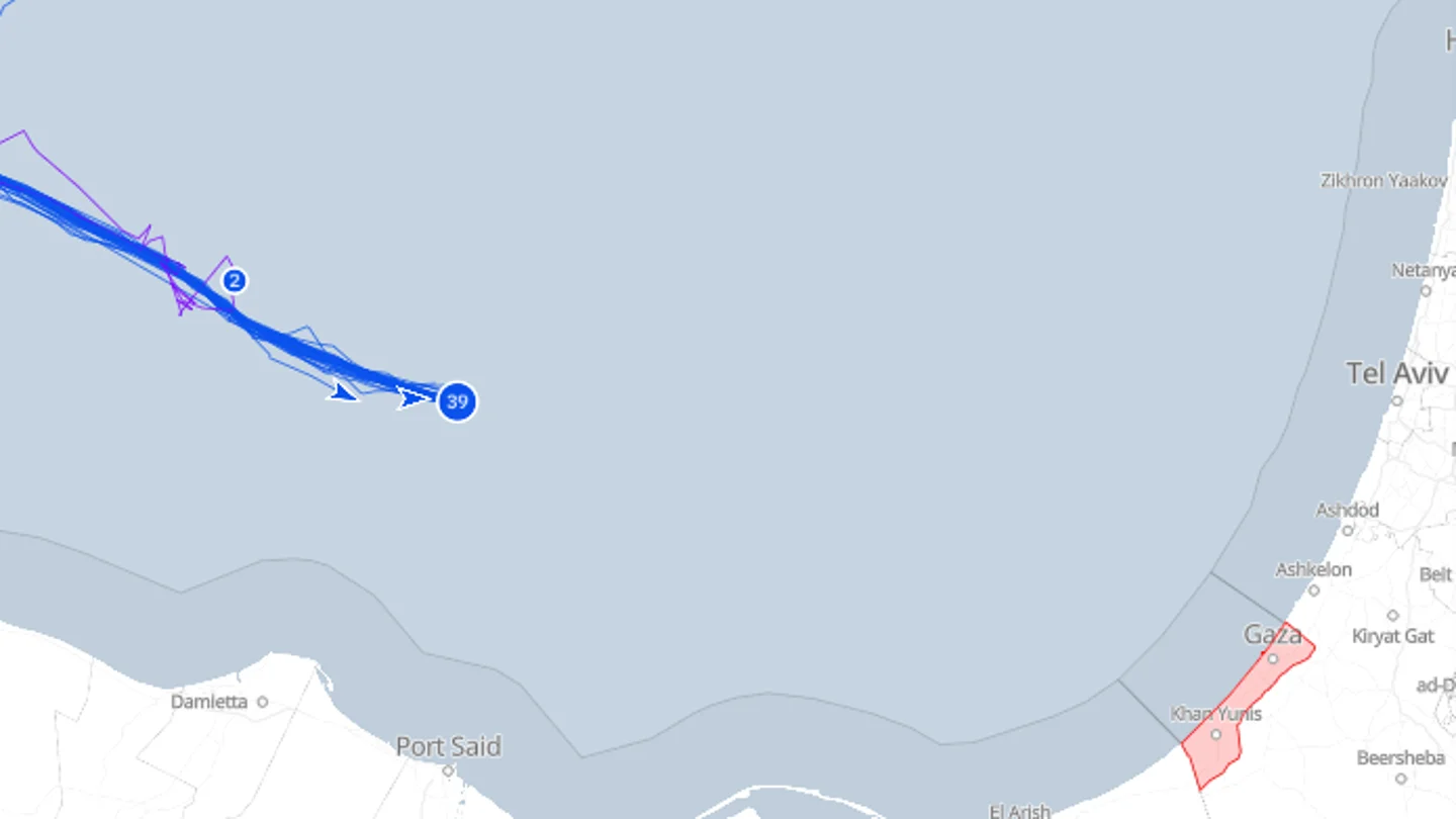Ubicación de la Flotilla Sumud a las 12:30 horas del 1 de octubre de 2025. Mapa con la ubicación de la Flotilla Sumud a las 12:30 horas del 1 de octubre de 2025.