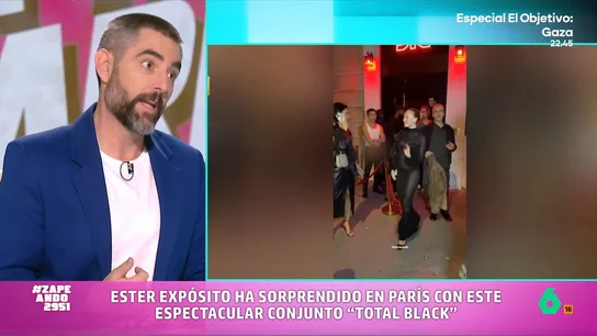 Dani Mateo, tras ver el look de Ester Expósito en París: "Hay que tener mucha personalidad para ir con el culo al aire" La actriz ha escogido un atrevido vestido negro, completamente transparente, que deja a la vista su ropa interior. El estilismo ha sorprendido al presentador de Zapeando que ha recordado cuando él se tuvo que poner el célebre trikini de 'Borat'.