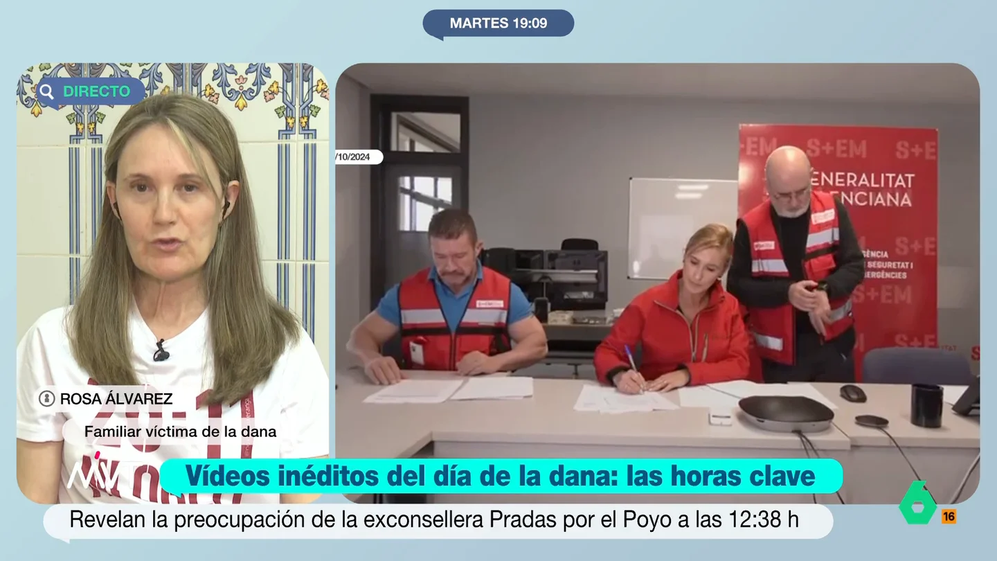Rosa Álvarez, perdió a su padre en la DANA: "Nuestro gobierno autonómico está instalado en la mentira" Las víctimas exponen que los vídeos publicados sobre la reunión de emergencias celebrada el 29 de octubre "son muy dolorosos". Álvarez indica que demuestran que tenían la información "como las familias estamos diciendo desde el primero momento".