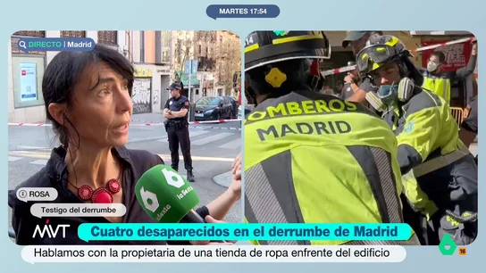 Una vecina del edificio derrumbado en Madrid cuenta cómo ha vivido el suceso: "No se podía ver y no se podía respirar" Rosa tiene un establecimiento a pocos metros del edificio siniestrado. Como cuenta, el suceso ha tenido lugar al mediodía y, en ese momento, había pocos trabajadores en el edificio.