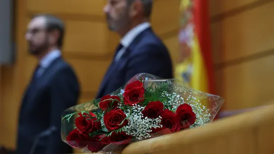 Ramo de rosas en el escaño que ocupaba el expresidente socialista de la Junta de Extremadura Guillermo Fernández Vara en el Senado. Ramo de rosas en el escaño que ocupaba el expresidente socialista de la Junta de Extremadura Guillermo Fernández Vara en el Senado.