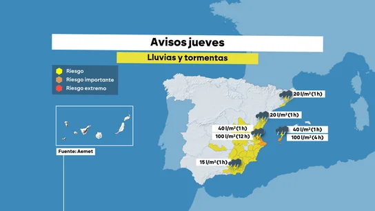 La Aemet lanza un aviso especial por la DANA 'Alice': riesgo por lluvias muy intensas en la Comunidad Valenciana y Baleares desde el miércoles La Aemet lanza un aviso especial por la DANA 'Alice': riesgo por lluvias muy intensas en la Comunidad Valenciana y Baleares desde el miércoles