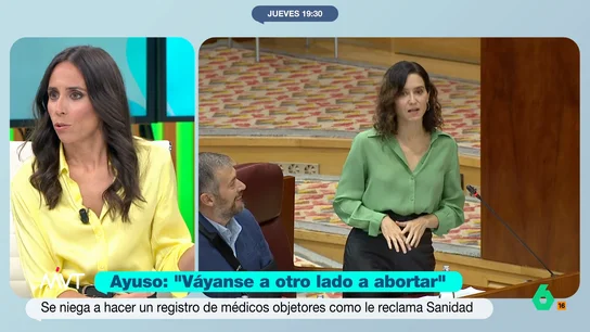 Pilar Velasco, sobre el "váyanse a otro lado a abortar" de Ayuso: "Dice lo mismo que Franco le decía a las mujeres" "Me da igual que la lista de objetores sea en un hospital público o en Quirón, pero las mujeres tienen derecho a abortar en la Comunidad de Madrid", afirma rotunda Pilar Velasco en este vídeo tras las polémicas palabras de Ayuso.