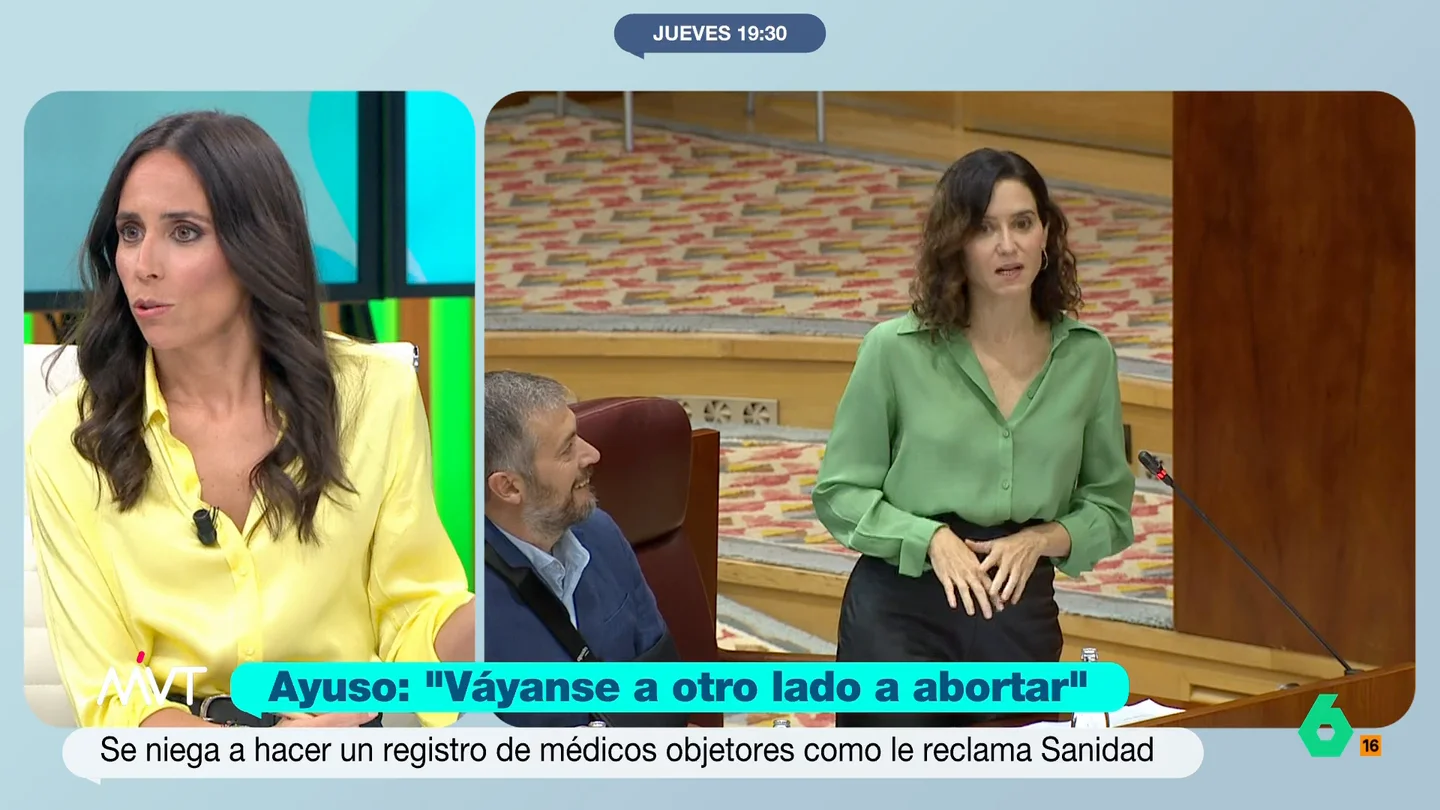 Pilar Velasco, sobre el "váyanse a otro lado a abortar" de Ayuso: "Dice lo mismo que Franco le decía a las mujeres" "Me da igual que la lista de objetores sea en un hospital público o en Quirón, pero las mujeres tienen derecho a abortar en la Comunidad de Madrid", afirma rotunda Pilar Velasco en este vídeo tras las polémicas palabras de Ayuso.