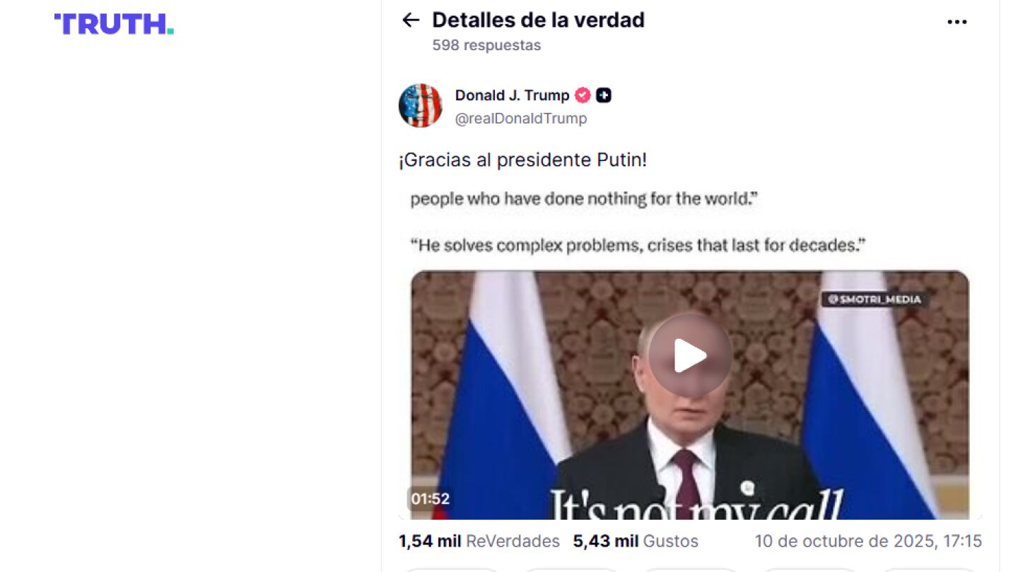 Trump agradece a Putin el respaldo que le ha mostrado en sus ambiciones al Nobel de la Paz: "¡Gracias, presidente Putin!"