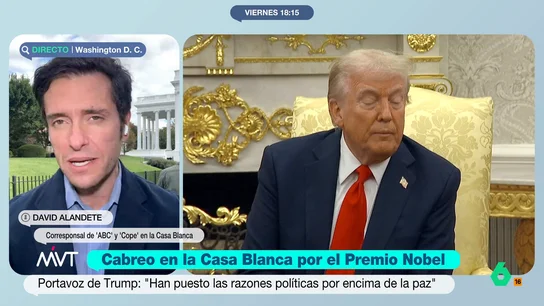David Alandete cuenta cómo ha sentado en la Casa Blanca que Trump no haya ganado el Nobel: "No ha querido hablar con la prensa" El periodista cuenta que, cuando el presidente de EEUU no habla con la prensa significa que "tiene un mal día". Desde la Casa Blanca, defiende que este año el galardón "ha premiado este año la política antes que la paz".