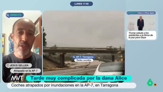 La dana Alice ha provocado especiales estragos en la zona de Tarragona, llegando a producir cortes de la AP-7. M&aacute;s Vale Tarde habla en este v&iacute;deo con uno de los cientos de conductores que quedaron atrapados all&iacute; durante m&aacute;s de 7 horas.