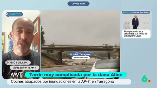 Jesús, tras siete horas atrapado en la AP-7 con sus hijos por la dana Alice: "Hubo momentos de tensión" La dana Alice ha provocado especiales estragos en la zona de Tarragona, llegando a producir cortes de la AP-7. Más Vale Tarde habla en este vídeo con uno de los cientos de conductores que quedaron atrapados allí durante más de 7 horas.