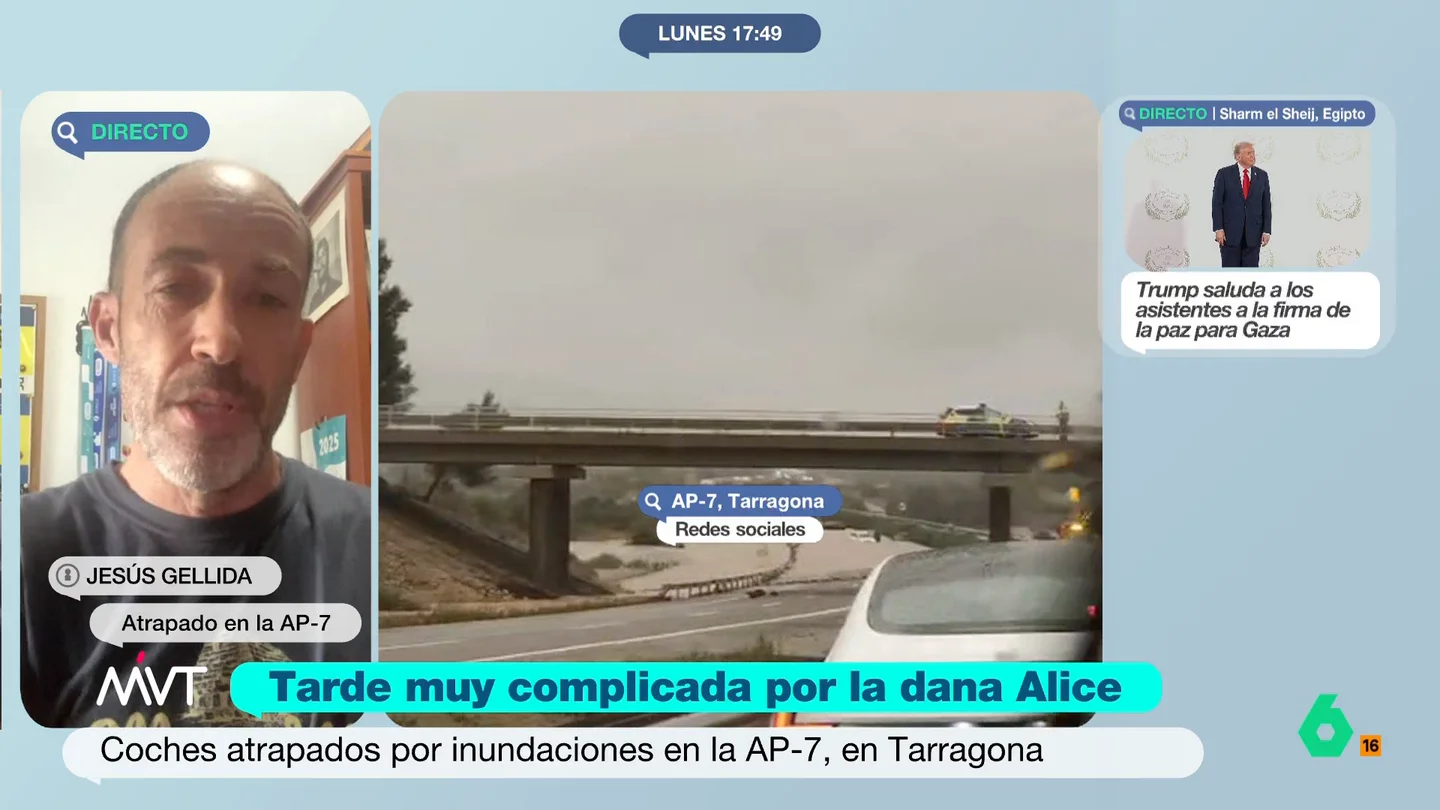 Jesús, tras siete horas atrapado en la AP-7 con sus hijos por la dana Alice: "Hubo momentos de tensión" La dana Alice ha provocado especiales estragos en la zona de Tarragona, llegando a producir cortes de la AP-7. Más Vale Tarde habla en este vídeo con uno de los cientos de conductores que quedaron atrapados allí durante más de 7 horas.