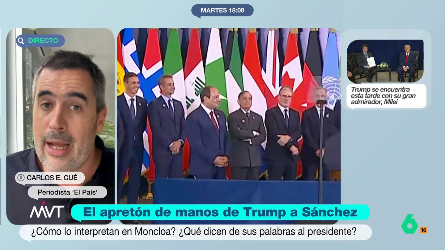 Carlos E. Cué, tras la 'cumbre' en Egipto: "Sánchez representa todo lo que detesta Trump" El presidente estadounidense dirigía unas palabras a nuestro país durante la 'cumbre de paz' que se celebraba este lunes en Egipto. Muchos han interpretado esas palabras como un dardo hacía España por no aumentar el gasto en defensa.