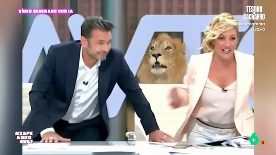 La inteligencia artificial mete un león en el plató de Más Vale Tarde: "No he visto a Iñaki López correr tanto en mi vida" Aprovechando el vídeo viral de la rata que se cuela en un informativo de Al Jazeera, generado por inteligencia artificial, Zapeando hace lo propio con un león y Más Vale Tarde. El resultado, que se puede ver en este vídeo, deja mucho que desear.