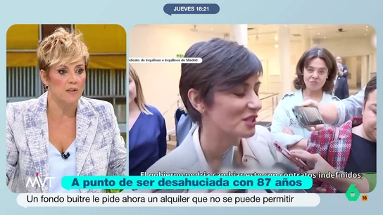 Cristina Pardo: "Hay que tenerla de cemento armado para decirle a una señora de 87 años que se vaya de su casa" La presentadora de Más Vale Tarde no entiende por qué el fondo de inversión que ha adquirido el edificio en el que vive María del Carmen no se plantea ponerle un alquiler que esta vecina de Madrid pueda asumir.