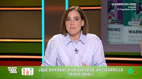 Boticaria García avisa sobre los vápers: "Al cerebro le da igual que la nicotina venga en humo o pompas de unicornio" Boticaria García analiza las sustancias que están sustituyendo al alcohol entre los jóvenes. Una de ellas son los vápers, unos aparatos aparentemente inofensivos, pero que están "entrenando al cerebro en la conducta" de fumar.