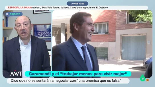 Gonzalo Bernardos responde a Garamendi: "Quiere que trabajemos como los obreros del sector industrial en el siglo XIX" El presidente de la CEOE expone que es falso que para vivir mejor se deba trabajar menos. Para Bernardos, Yolanda Díaz tiene razón cuando afirma que, para garantizar el bienestar de los españoles, la jornada laboral debería ser de 37 horas y media.