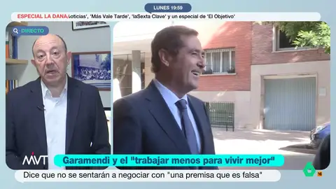 Gonzalo Bernardos responde a Garamendi: "Quiere que trabajemos como los obreros del sector industrial en el siglo XIX" El presidente de la CEOE expone que es falso que para vivir mejor se deba trabajar menos. Para Bernardos, Yolanda Díaz tiene razón cuando afirma que, para garantizar el bienestar de los españoles, la jornada laboral debería ser de 37 horas y media.