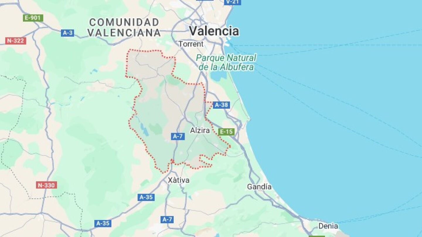 Mapa con la ubicación y fronteras de la Ribera Alta valenciana.