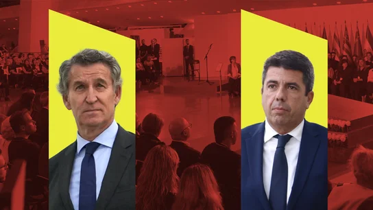 El presidente del Partido Popular (PP), Alberto Núñez Feijóo, y el todavía president de la Generalitat valenciana, Carlos Mazón.  El presidente del Partido Popular (PP), Alberto Núñez Feijóo, y el todavía president de la Generalitat valenciana, Carlos Mazón.