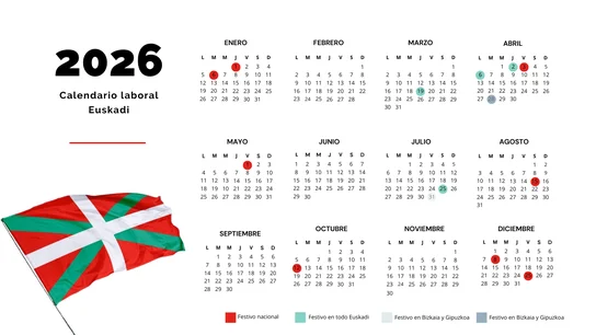 Calendario laboral 2026 de Euskadi: festivos nacionales, autonómicos, provinciales y locales Calendario laboral 2026 de Euskadi: festivos nacionales, autonómicos, provinciales y locales