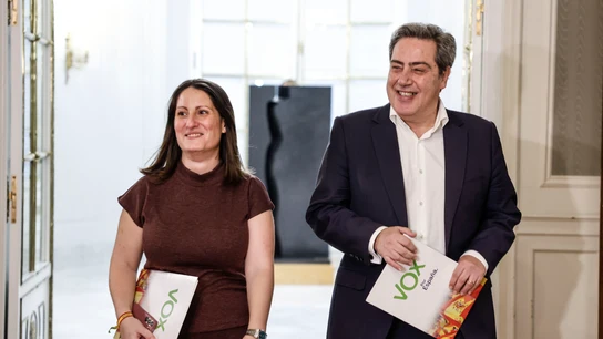 El portavoz de Vox en Les Corts, José María Llanos, acompañado por la portavoz adjunta Ana Vega El portavoz de Vox en Les Corts, José María Llanos, acompañado por la portavoz adjunta Ana Vega