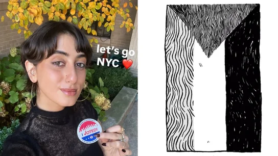 A la izquierda, Rama Duwaji después de votar; a la derecha, una de sus ilustraciones A la izquierda, Rama Duwaji después de votar; a la derecha, una de sus ilustraciones